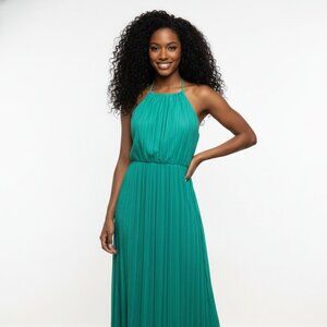 Anthropologie Petites Teal Pleated Maxi Dress | Halter | Size 8P